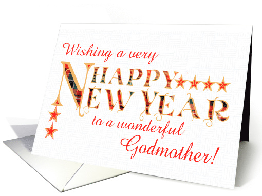 For Godmother Happy New Year with Tartan Word Art and Stars card