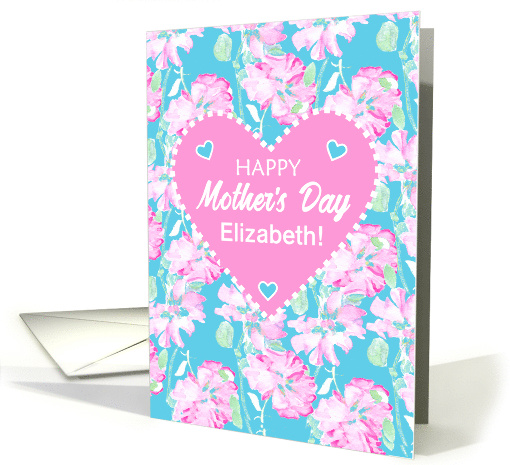 Custom Name Mothers Day with Heart and Pink Roses on Sky Blue card