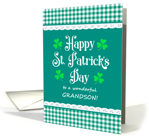 For Grandson St Patrick's Day with Shamrocks and Green Checks card