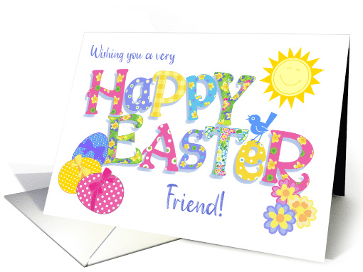 For Friend Easter Eggs with Primroses and Floral Word Art card