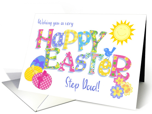 For Stepfather Easter Eggs with Primroses and Floral Word Art card