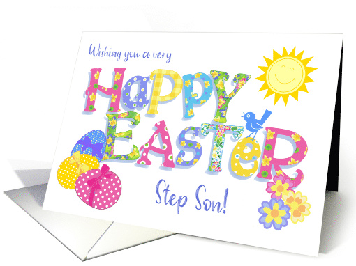 For Step Son Easter Eggs with Primroses and Floral Word Art card