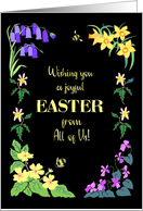 Easter Wishes From All of Us With Spring Flowers and Bees on Black card