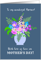 For Partner Vase of Pretty Pink Blue and White Flowers on Dark Blue card