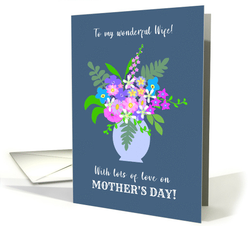 For Wife Vase of Pretty Pink Blue and White Flowers on Dark Blue card