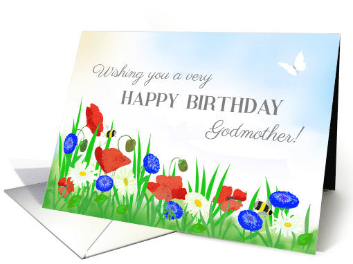 For Godmother's Birthday With Poppies Daisies and Cornflowers card