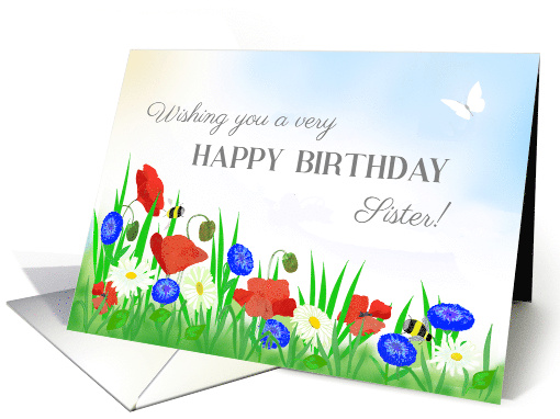 For Sister's Birthday With Poppies Daisies and Cornflowers card