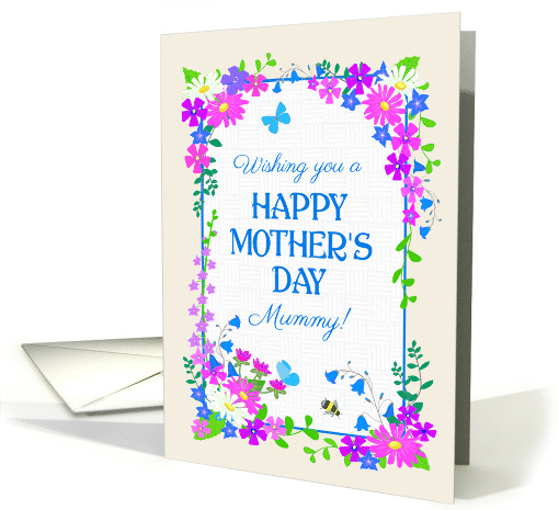 For Mummy on Mothers Day with Pretty Pink and Blue Floral Border card