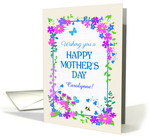 Custom Name Mothers Day with Pretty Pink and Blue Floral Border card