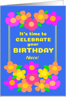For Niece Birthday With Fun Bright Smiley Flowers on Blue card