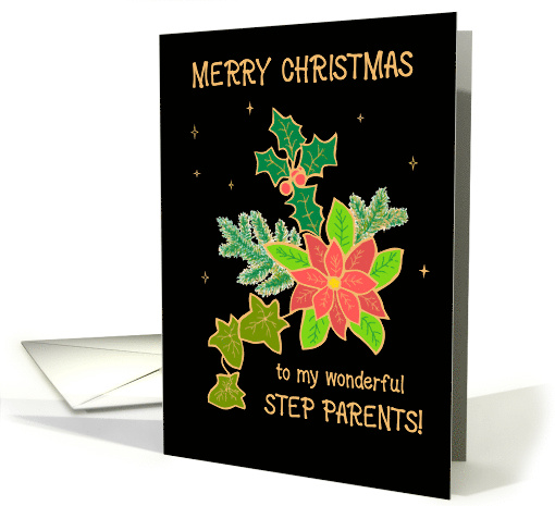 For Step Parents Merry Christmas With Poinsettia and Holly card