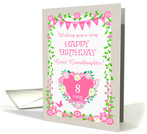 Custom Age For Great Granddaughter With Bunting and Pink Flowers card