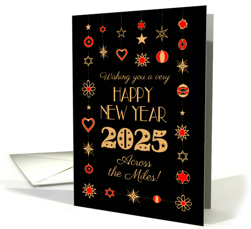 New Year 2025 with Gold Colored and Red Ornaments on Black card
