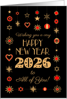 New Year 2026 to All of You Gold Colored and Red Ornaments on Black