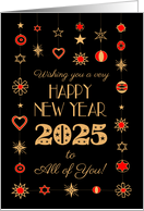 New Year 2025 to All of You Gold Colored and Red Ornaments on Black card