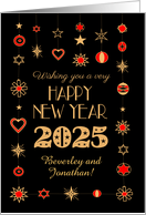 Custom Name New Year 2025 Gold Colored and Red Ornaments on Black card