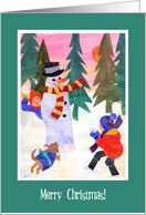 Christmas Greeting with Snowman and Children Snowballing card