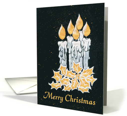 Christmas Greeting with Candles and Holly in Gold and Silver card