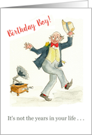 Birthday Greetings with Man Dancing to Vintage Gramophone card