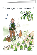 Retirement Wishes for Man Gardening with Cat and Blackbird card