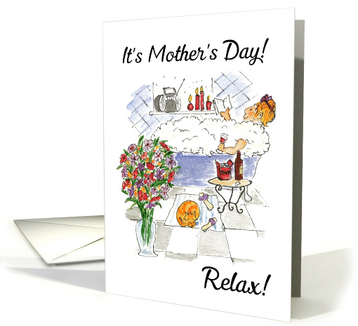 Mother's Day Woman in Bubble Bath with Wine and Chocolates card
