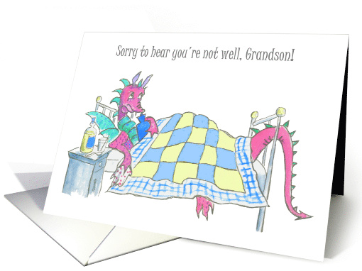 For Grandson Get Well Fun Purple Dragon in Bed Feeling Poorly card