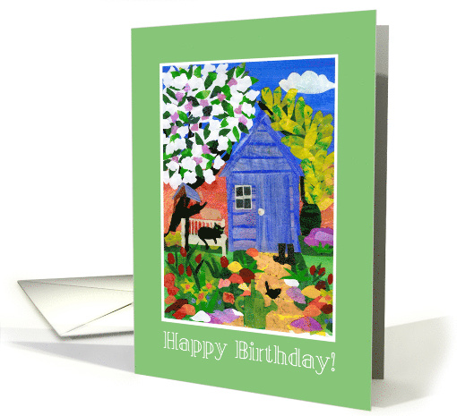 Birthday Spring Garden with Blue Shed Blossom Flowers Cat... (586699)