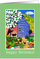 Birthday Spring Garden with Blue Shed Blossom Flowers Cat and Bird card