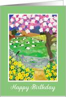 Birthday Spring Landscape with Blossom Sheep and Daffodils card