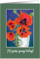 70th Birthday Bright Red Oriental Poppies on Dark Blue card