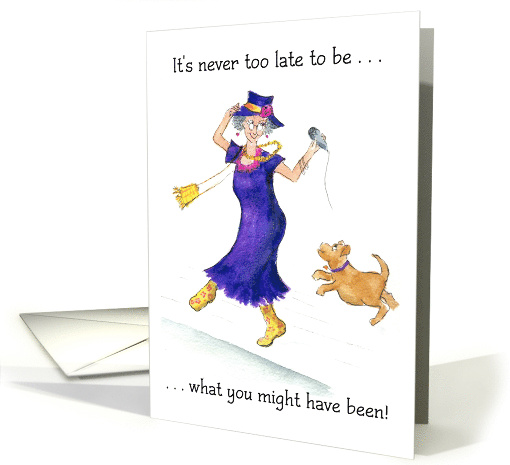 65th Birthday Greetings with a Woman Dancing with her Dog card