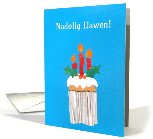 Christmas Cupcake with Candles and Welsh Greeting Blank Inside card