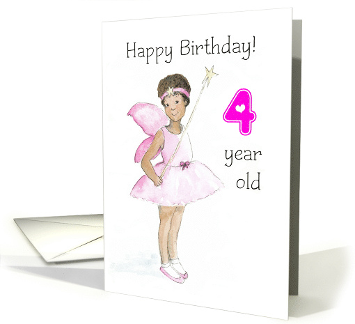 4th Birthday with Black Fairy in Pink Dress and Wings card (715918)