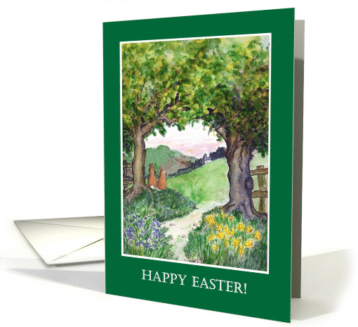 Easter Greetings with Spring Landscape and Rabbits Blank Inside card