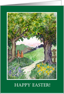 Easter Greetings with Spring Landscape and Rabbits Blank Inside card