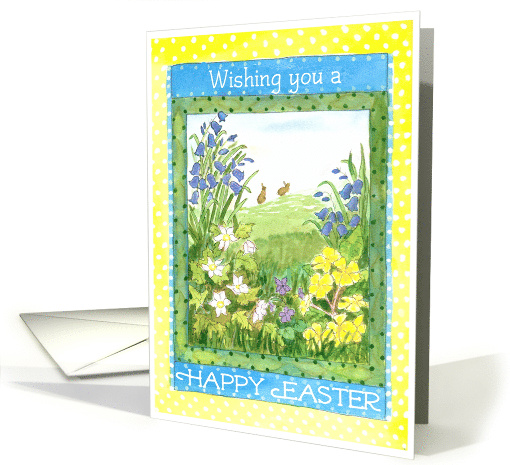 Easter Greetings with Spring Flowers and Rabbits Blank Inside card