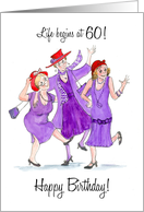 60th Birthday with Dancing Ladies in Purple and Red Wearing Hats card