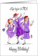 70th Birthday with Dancing Ladies in Purple and Red Wearing Hats card