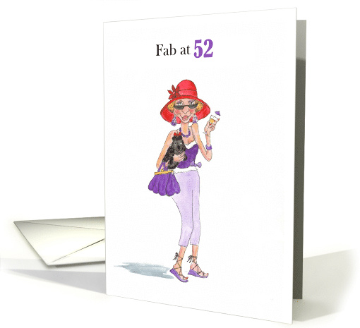 52nd Birthday for Lady in Red Sun Hat with Cocktail and Pooch card