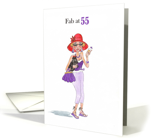 55th Birthday for Lady in Red Sun Hat with Cocktail and Pooch card
