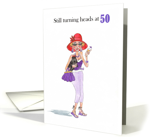 50th Birthday with Fun Lady in Red Sunhat with Cocktail and Pooch card