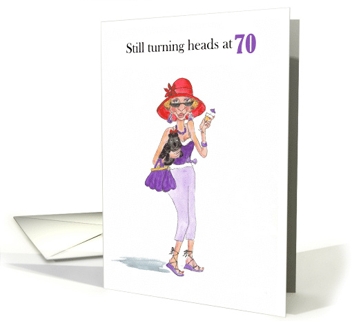 70th Birthday with Fun Lady in Red Sunhat with Cocktail and Pooch card