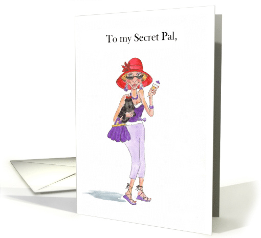 Secret Pal's Birthday Lady in Red Sunhat with Cocktail and Pooch card