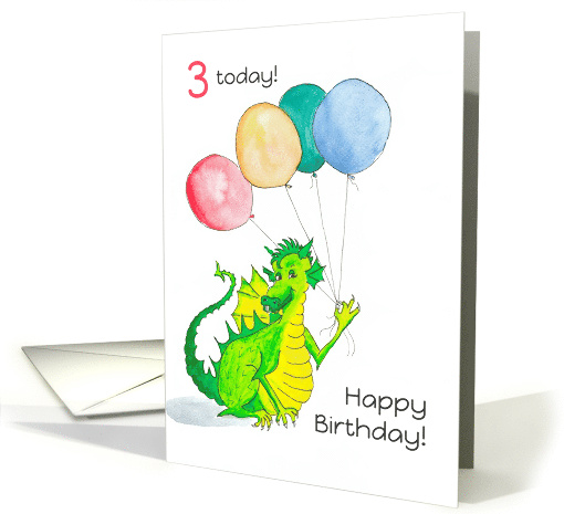 3rd Birthday with Cute Green Dragon Holding Balloons card (791794)