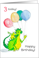 3rd Birthday with Cute Green Dragon Holding Balloons card