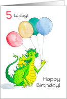 5th Birthday Cute Green Dragon with Balloons card
