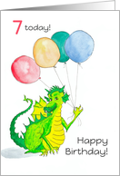 7th Birthday Cute Green Dragon with Balloons card