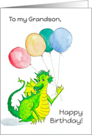 For Grandson’s Birthday Cute Green Dragon with Balloons card