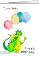 For Twin’s Birthday Cute Green Dragon with Balloons card