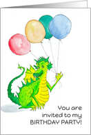Birthday Party Invitation with Cute Dragon with Balloons Blank Inside card